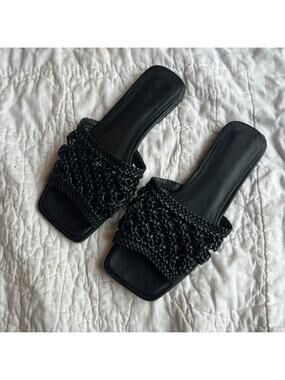 COS Black Woven Leather Flat Slide Sandals